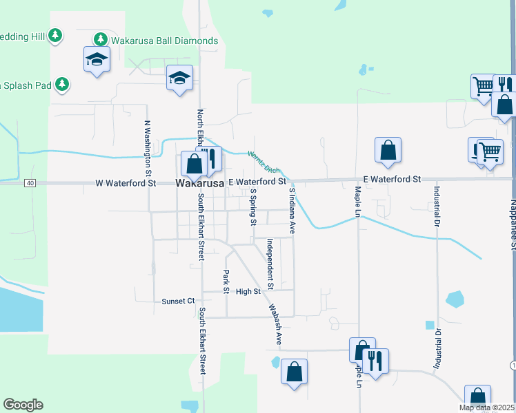 map of restaurants, bars, coffee shops, grocery stores, and more near 108 South Spring Street in Wakarusa