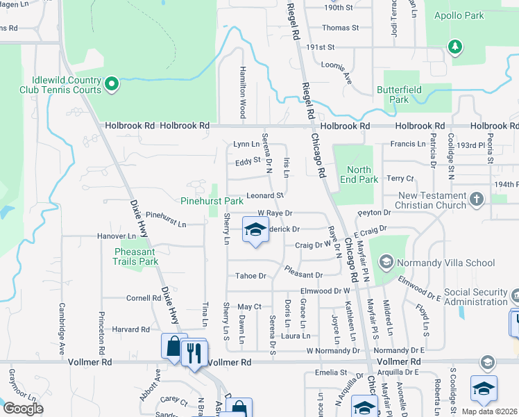 map of restaurants, bars, coffee shops, grocery stores, and more near 243 West Raye Drive in Chicago Heights