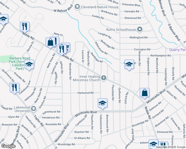 map of restaurants, bars, coffee shops, grocery stores, and more near 2350 Noble Road in Cleveland Heights