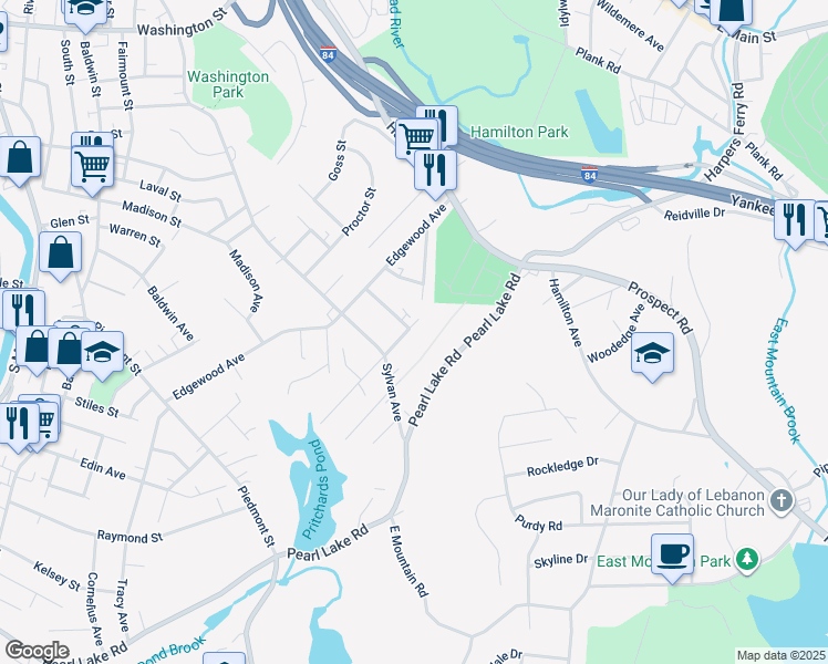 map of restaurants, bars, coffee shops, grocery stores, and more near 194 Clover Street in Waterbury
