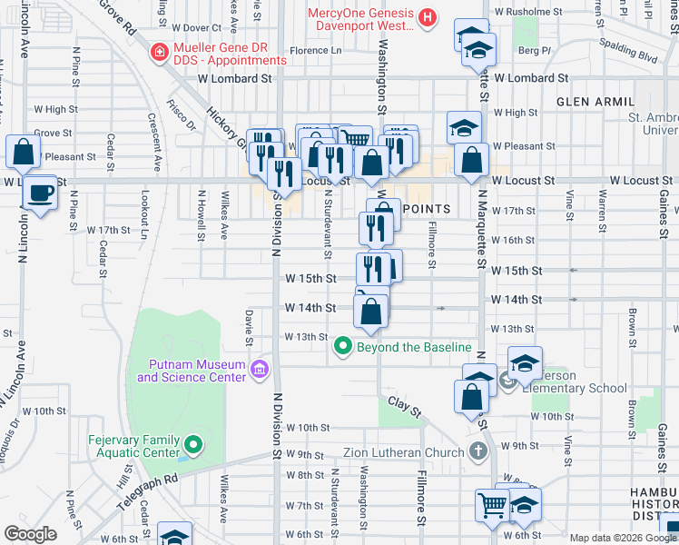map of restaurants, bars, coffee shops, grocery stores, and more near 1505 North Sturdevant Street in Davenport