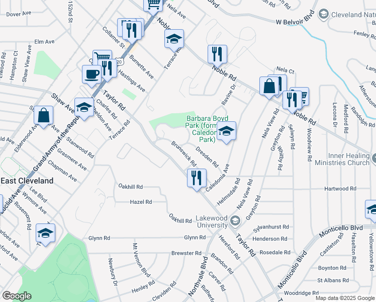 map of restaurants, bars, coffee shops, grocery stores, and more near 923 Brunswick Road in Cleveland Heights