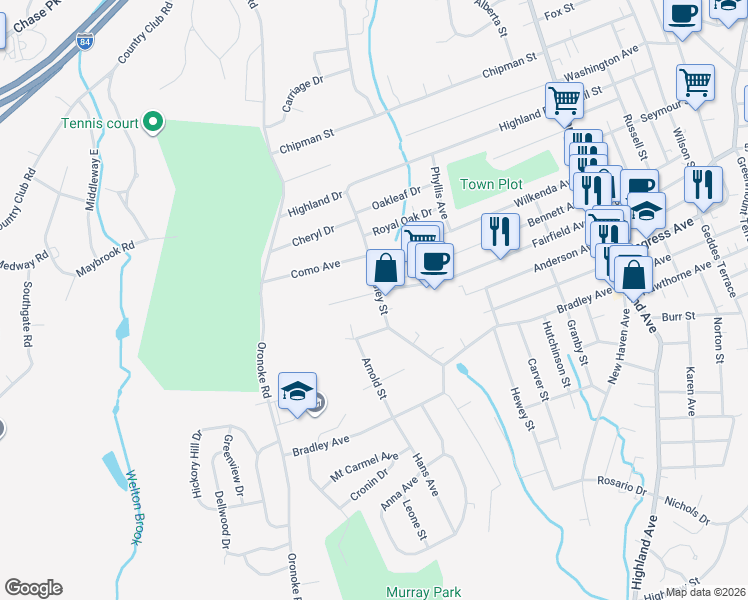 map of restaurants, bars, coffee shops, grocery stores, and more near 155 Wesley Street in Waterbury