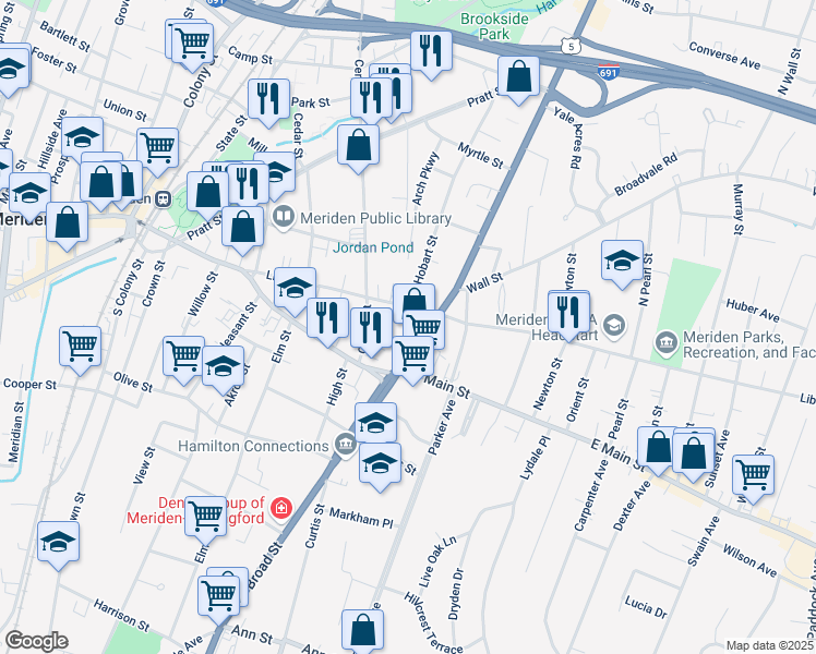 map of restaurants, bars, coffee shops, grocery stores, and more near 181 Liberty Street in Meriden