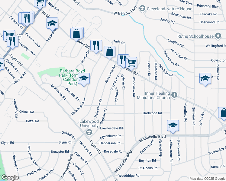 map of restaurants, bars, coffee shops, grocery stores, and more near 917 Greyton Road in Cleveland Heights
