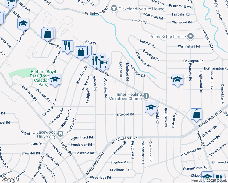 map of restaurants, bars, coffee shops, grocery stores, and more near 920 Elbon Road in Cleveland Heights