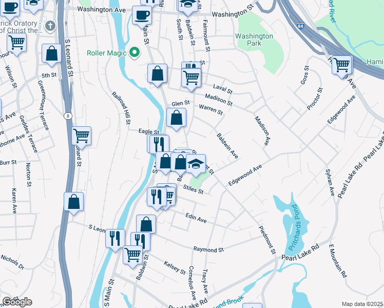 map of restaurants, bars, coffee shops, grocery stores, and more near 160 Piedmont Street in Waterbury