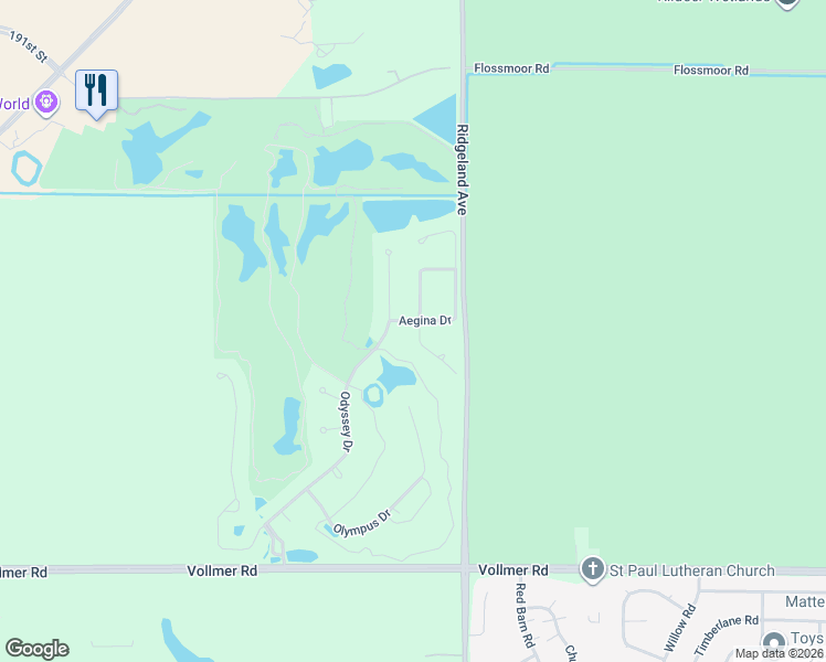 map of restaurants, bars, coffee shops, grocery stores, and more near 53 Aegina Drive in Tinley Park