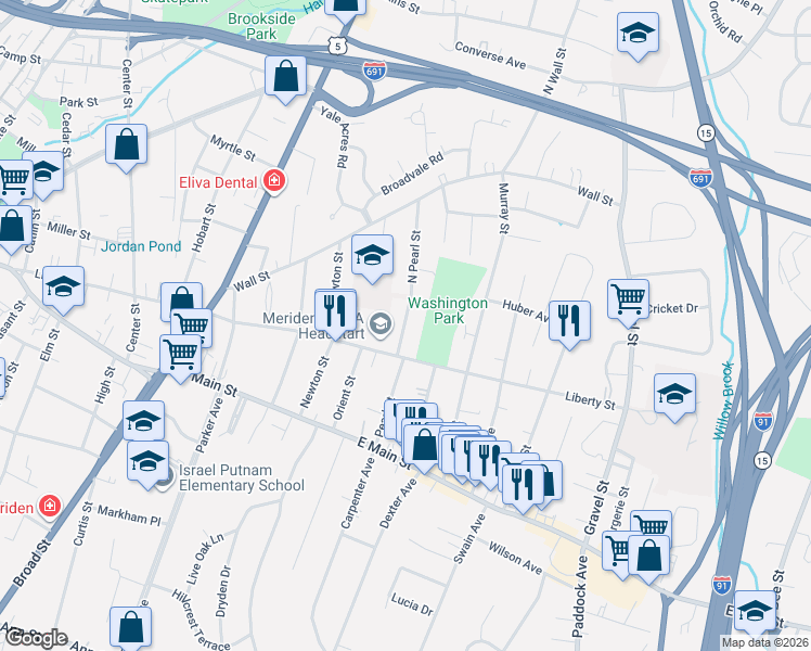 map of restaurants, bars, coffee shops, grocery stores, and more near 28 North Pearl Street in Meriden