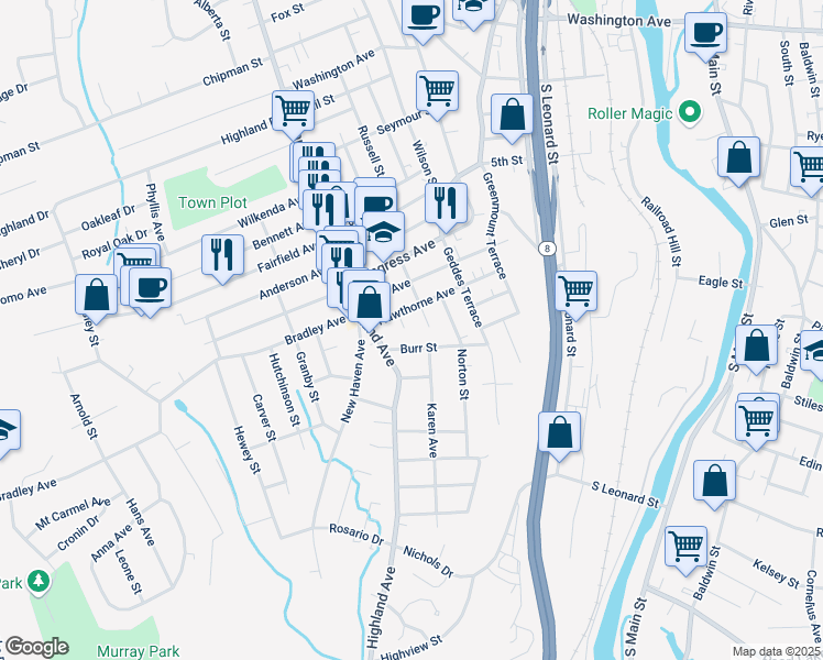 map of restaurants, bars, coffee shops, grocery stores, and more near 20 Taft Street in Waterbury