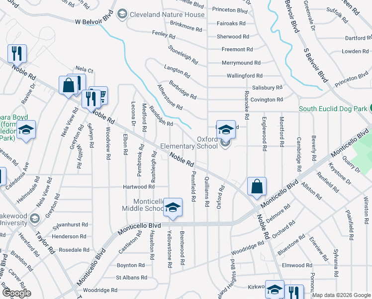map of restaurants, bars, coffee shops, grocery stores, and more near 936 Nobleshire Road in Cleveland Heights
