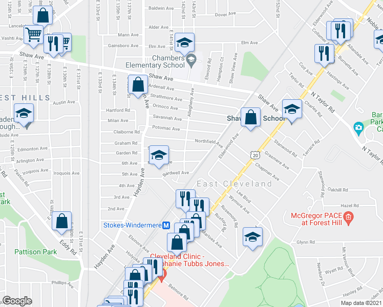 map of restaurants, bars, coffee shops, grocery stores, and more near 14406 Scioto Avenue in East Cleveland