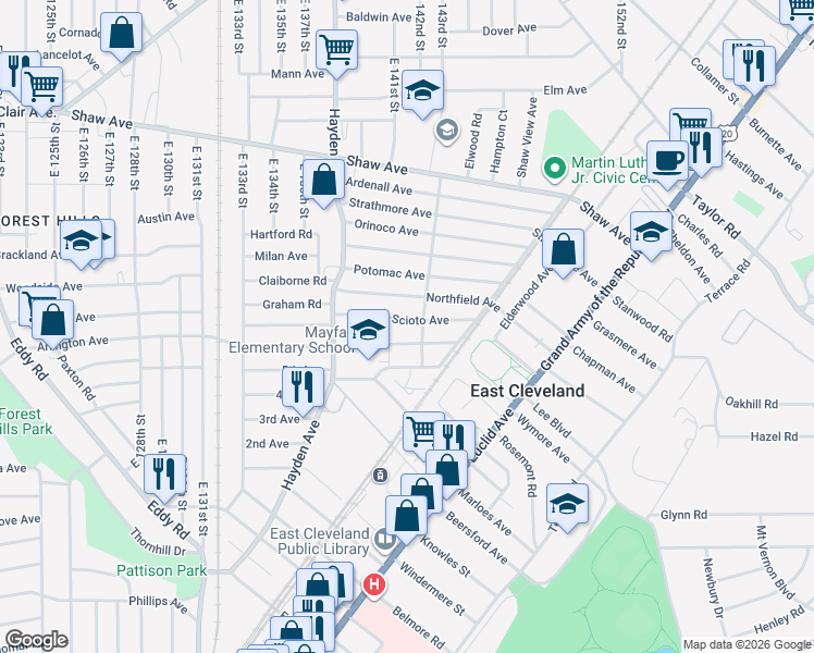 map of restaurants, bars, coffee shops, grocery stores, and more near 14208 Scioto Avenue in East Cleveland