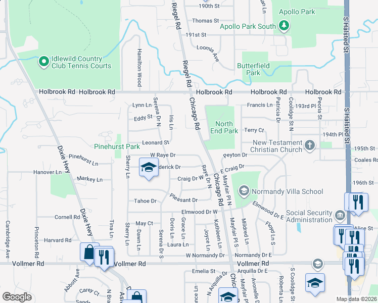 map of restaurants, bars, coffee shops, grocery stores, and more near 173 West Raye Drive in Chicago Heights