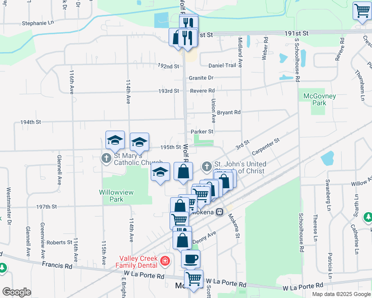 map of restaurants, bars, coffee shops, grocery stores, and more near 19501 Wolf Road in Mokena