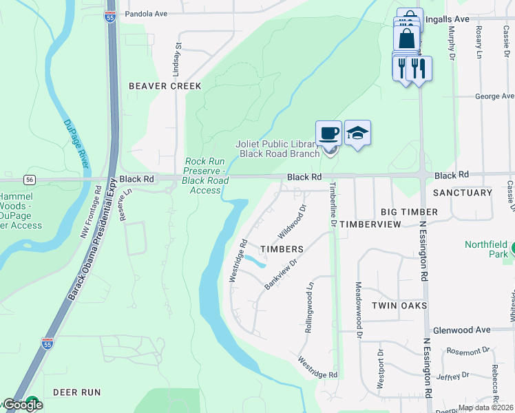 map of restaurants, bars, coffee shops, grocery stores, and more near 701 Westridge Road in Joliet