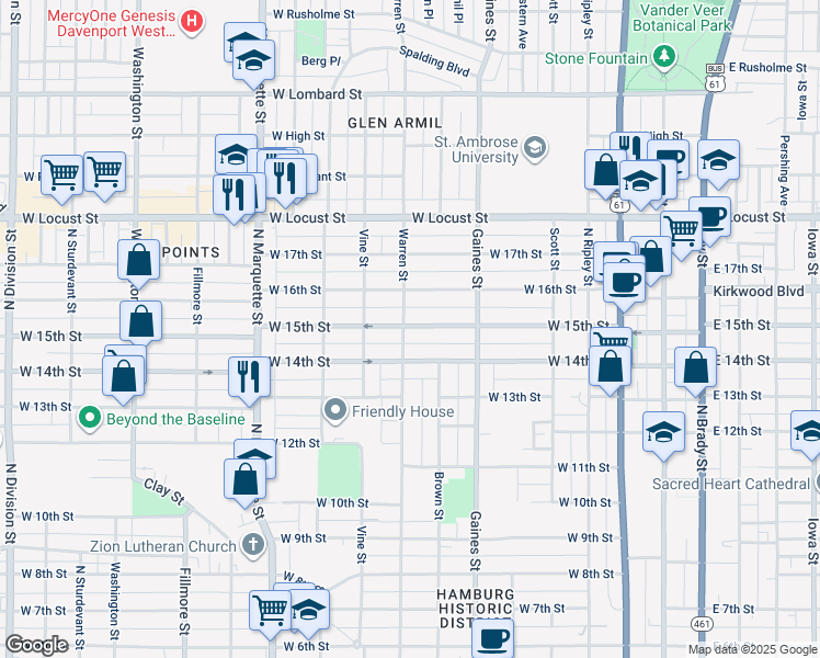 map of restaurants, bars, coffee shops, grocery stores, and more near 817 West 15th Street in Davenport