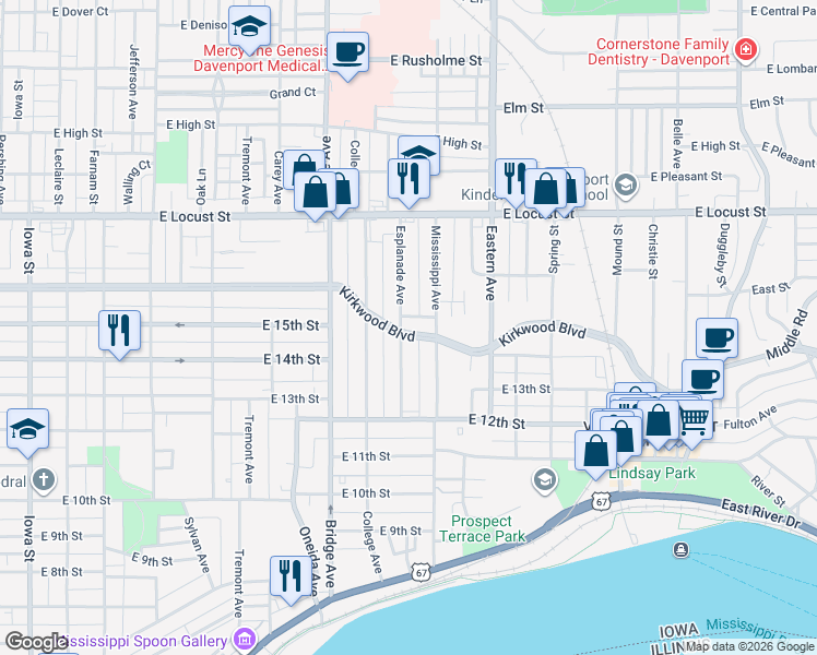 map of restaurants, bars, coffee shops, grocery stores, and more near 1404 Kirkwood Boulevard in Davenport
