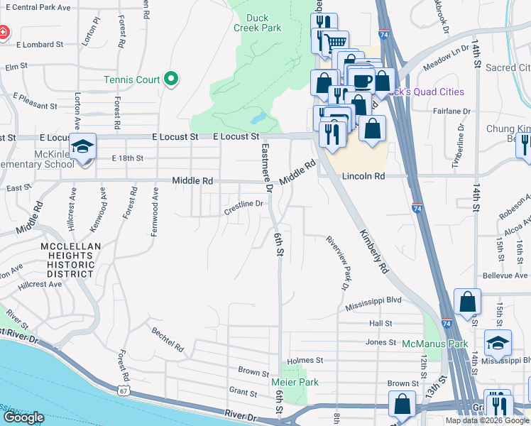 map of restaurants, bars, coffee shops, grocery stores, and more near 1609 Eastmere Drive in Davenport