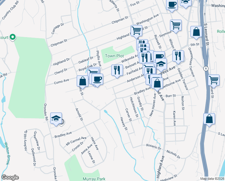 map of restaurants, bars, coffee shops, grocery stores, and more near 5 Clifford Street in Waterbury