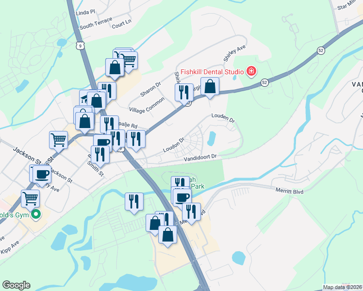 map of restaurants, bars, coffee shops, grocery stores, and more near 22 Village Park Drive in Fishkill