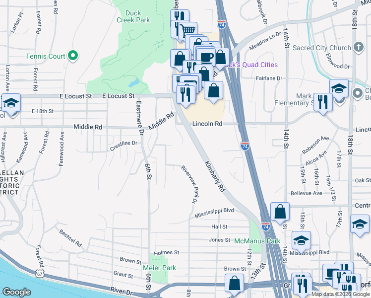 map of restaurants, bars, coffee shops, grocery stores, and more near 723 Lincoln Road in Bettendorf