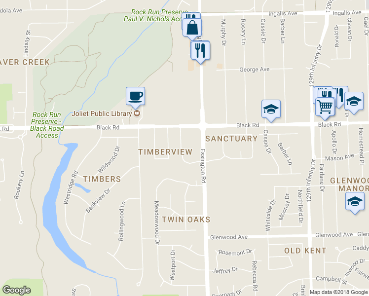 map of restaurants, bars, coffee shops, grocery stores, and more near 744 Big Timber Drive in Joliet