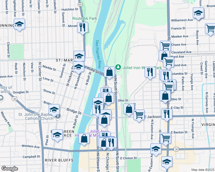 map of restaurants, bars, coffee shops, grocery stores, and more near 566 North Chicago Street in Joliet