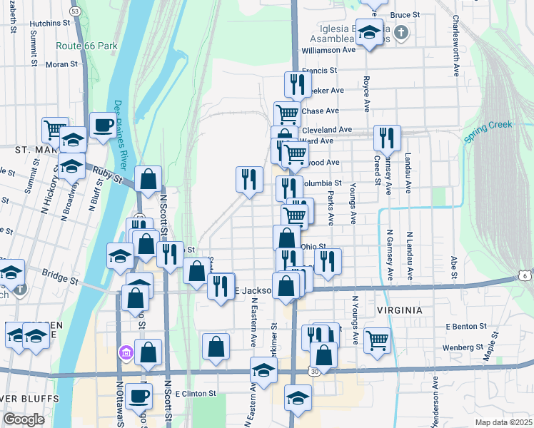 map of restaurants, bars, coffee shops, grocery stores, and more near 557 Herkimer Street in Joliet