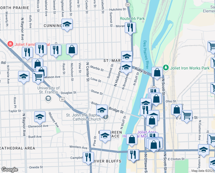 map of restaurants, bars, coffee shops, grocery stores, and more near 614 Summit Street in Joliet