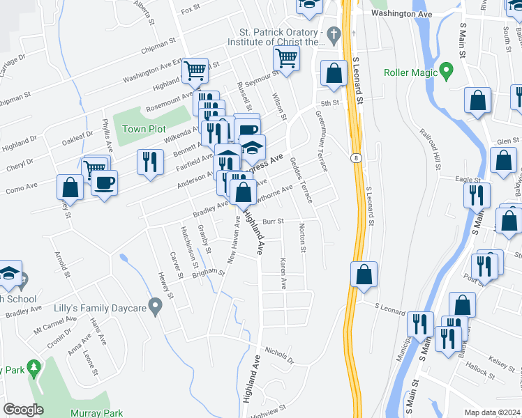 map of restaurants, bars, coffee shops, grocery stores, and more near 20 Taft Street in Waterbury