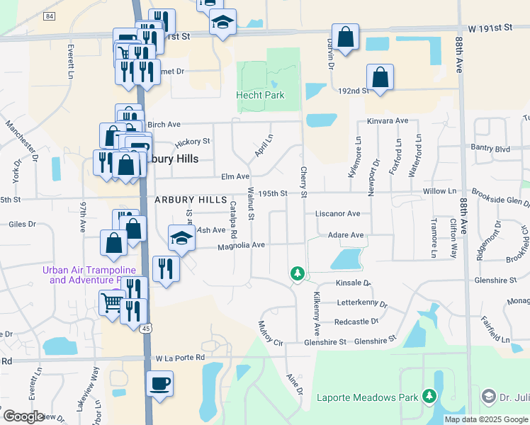 map of restaurants, bars, coffee shops, grocery stores, and more near 19520 Redwood Lane in Mokena