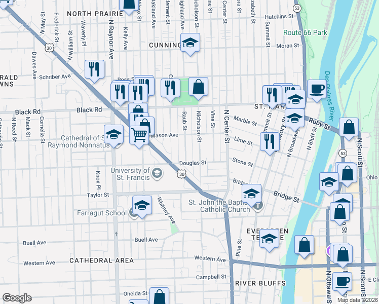 map of restaurants, bars, coffee shops, grocery stores, and more near 608 Raub St in Joliet