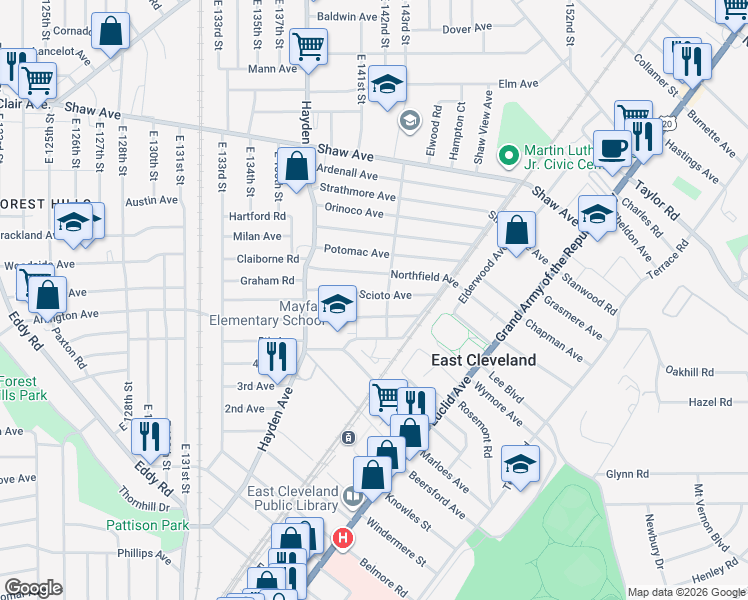 map of restaurants, bars, coffee shops, grocery stores, and more near 14208 Scioto Avenue in East Cleveland