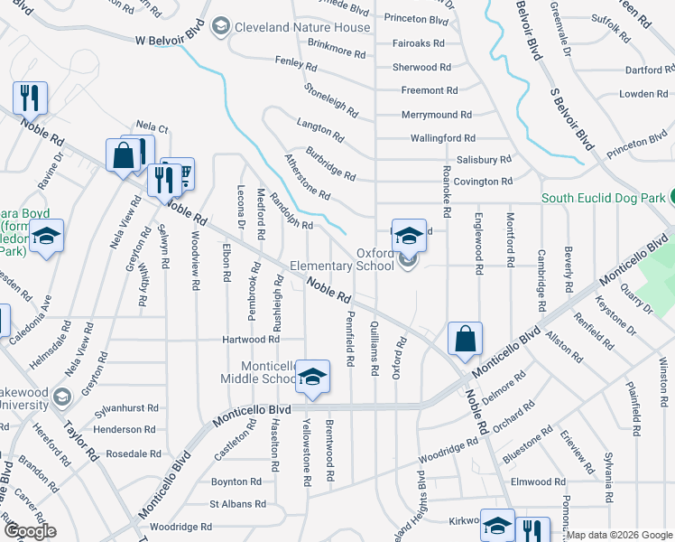 map of restaurants, bars, coffee shops, grocery stores, and more near 936 Nobleshire Road in Cleveland Heights