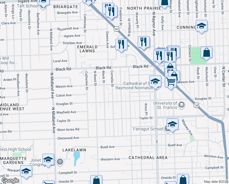 map of restaurants, bars, coffee shops, grocery stores, and more near 614 Cornelia Street in Joliet