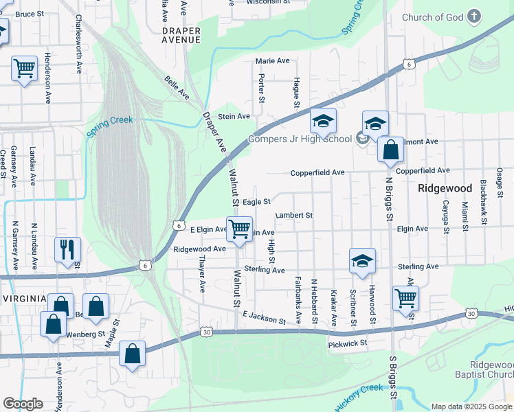 map of restaurants, bars, coffee shops, grocery stores, and more near 518 Leach Avenue in Joliet