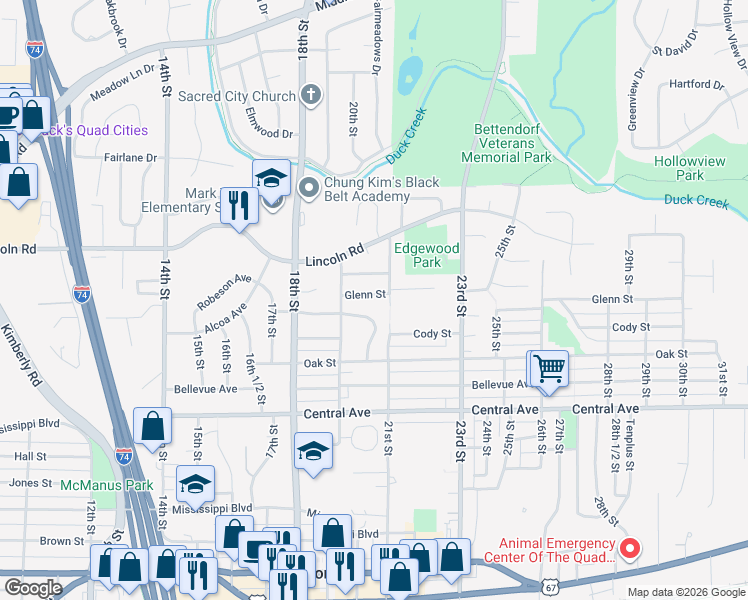 map of restaurants, bars, coffee shops, grocery stores, and more near 2015 Glenn St in Bettendorf