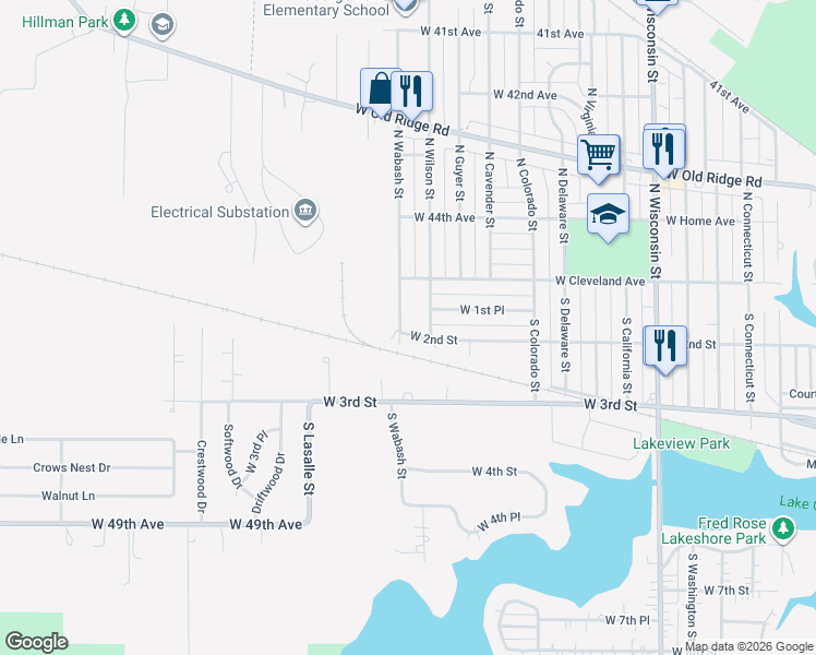 map of restaurants, bars, coffee shops, grocery stores, and more near 1628 West 2nd Street in Hobart