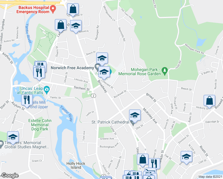 map of restaurants, bars, coffee shops, grocery stores, and more near 43 Canterbury Turnpike in Norwich