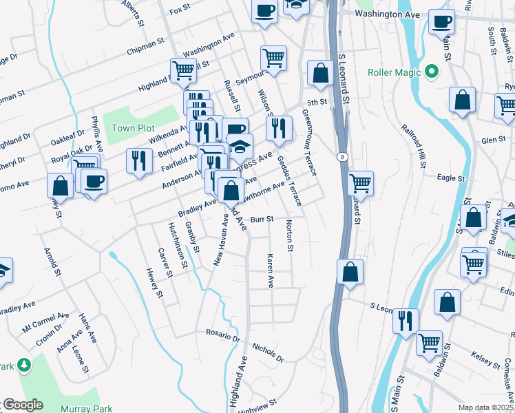 map of restaurants, bars, coffee shops, grocery stores, and more near 20 Taft Street in Waterbury