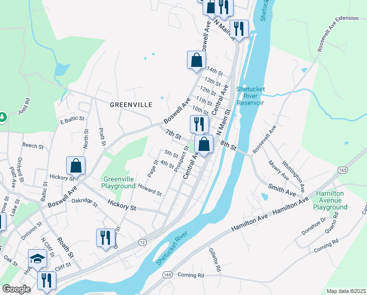 map of restaurants, bars, coffee shops, grocery stores, and more near 182 Prospect Street in Norwich