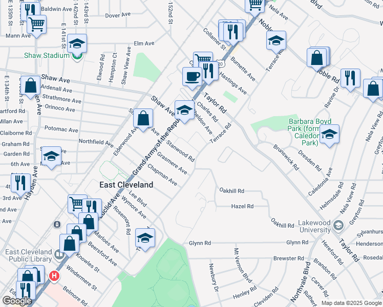 map of restaurants, bars, coffee shops, grocery stores, and more near 1843 Stanwood Road in East Cleveland
