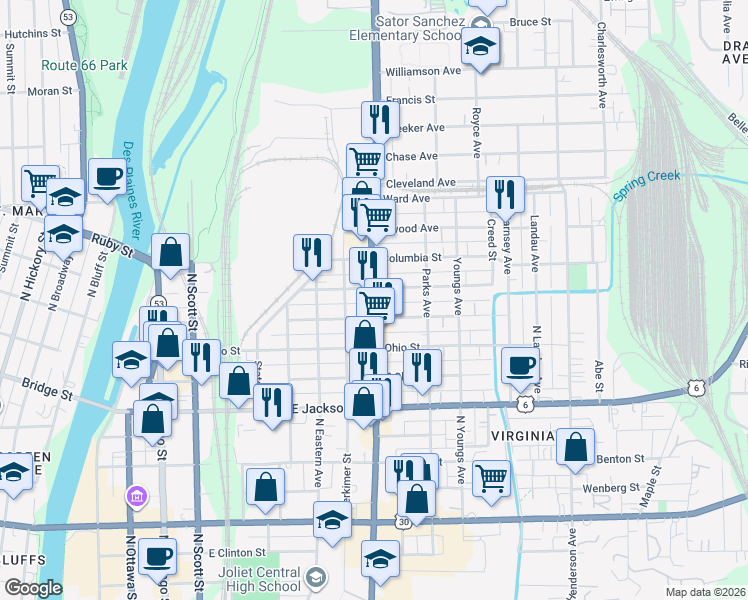 map of restaurants, bars, coffee shops, grocery stores, and more near 560 Collins Street in Joliet