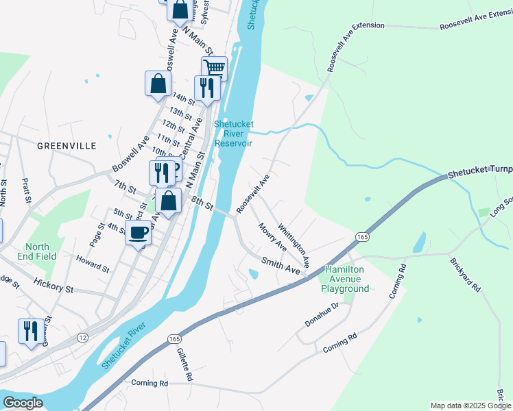 map of restaurants, bars, coffee shops, grocery stores, and more near 14 Mowry Avenue in Norwich