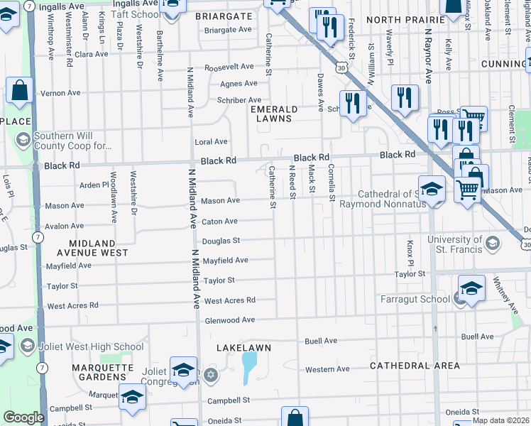 map of restaurants, bars, coffee shops, grocery stores, and more near 613 Catherine Street in Joliet
