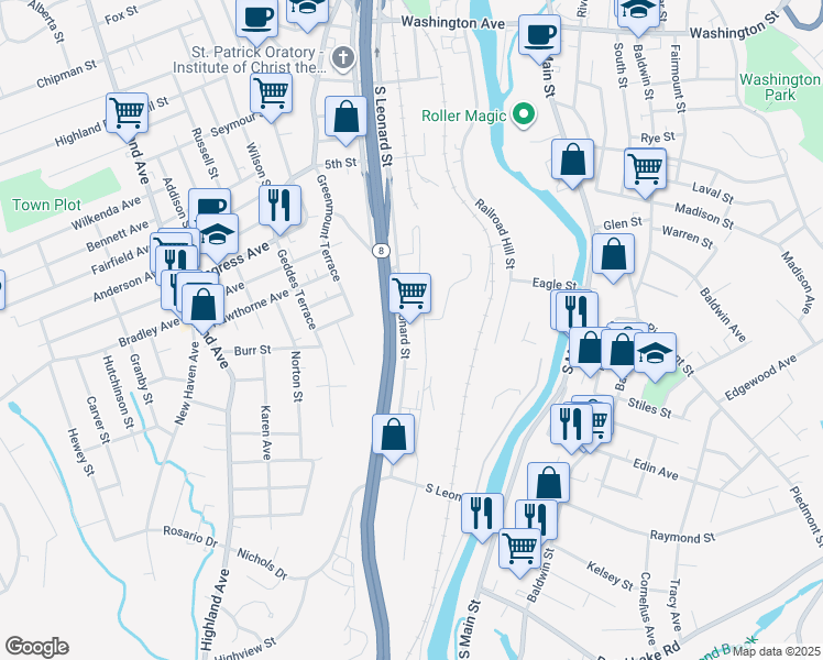 map of restaurants, bars, coffee shops, grocery stores, and more near 385 South Leonard Street in Waterbury