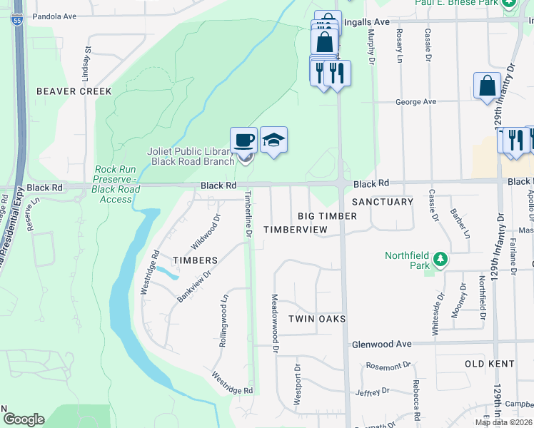 map of restaurants, bars, coffee shops, grocery stores, and more near 735 Meadowwood Drive in Joliet