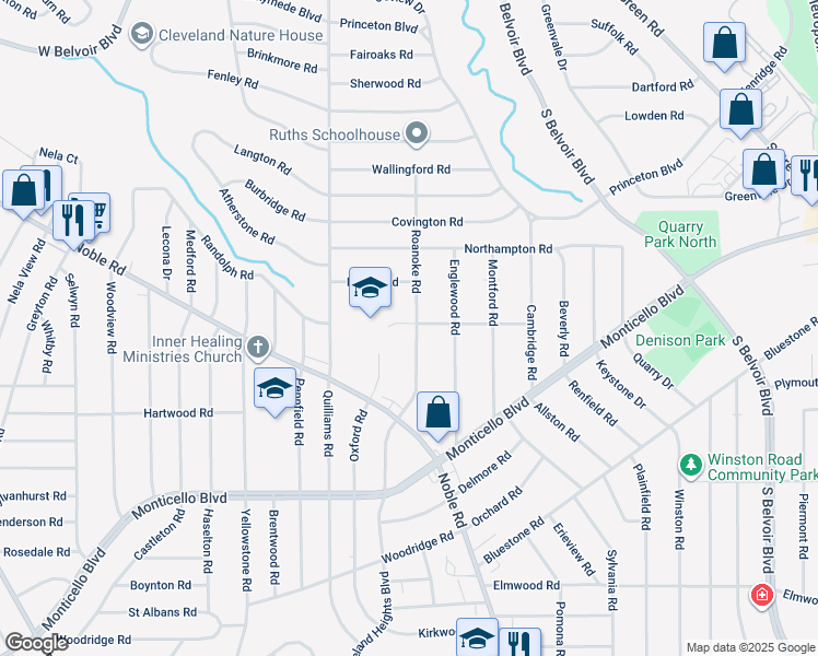 map of restaurants, bars, coffee shops, grocery stores, and more near 916 Roanoke Road in Cleveland Heights