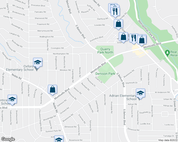 map of restaurants, bars, coffee shops, grocery stores, and more near 4033 Monticello Blvd in Cleveland Heights